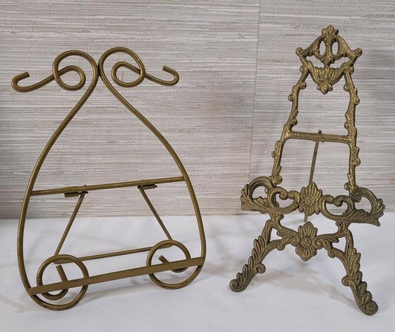 Two (2) Desk Picture Easels . One (1) Brass - 8" tall & One (1) Gold Paint Metal - 7" tall