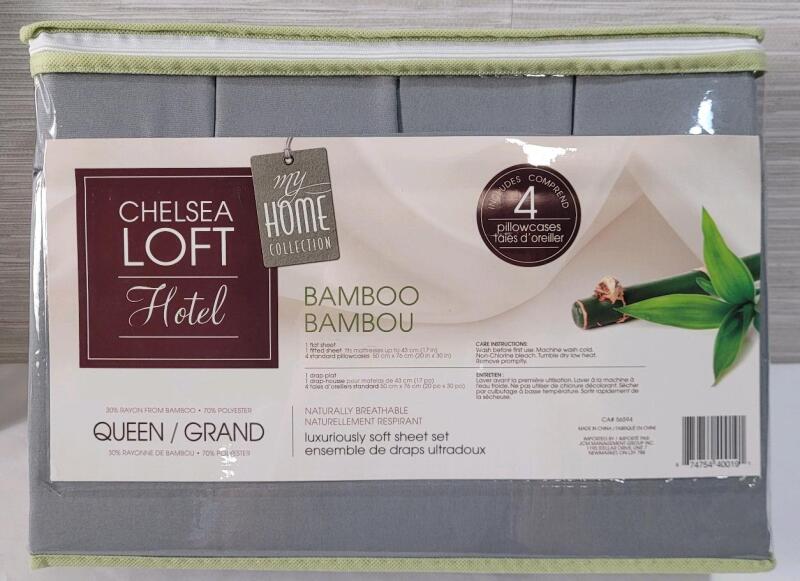 New - Chelsea Loft Hotel Queen Size Bamboo Sheet & Pillow Case Set . One (1) Flat Sheet , One (1) Fitted Sheet & Four (4) Pillow Cases