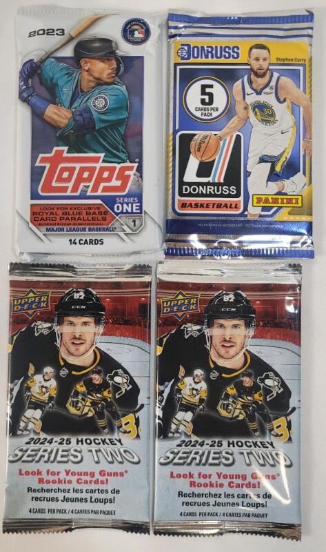 2023-24 Hockey , Basketball & Baseball Wax Packs , Sealed . 2023 Topps Baseball (1) , 2024 Donruss Basketball (1) & 2024 Hockey (2) .