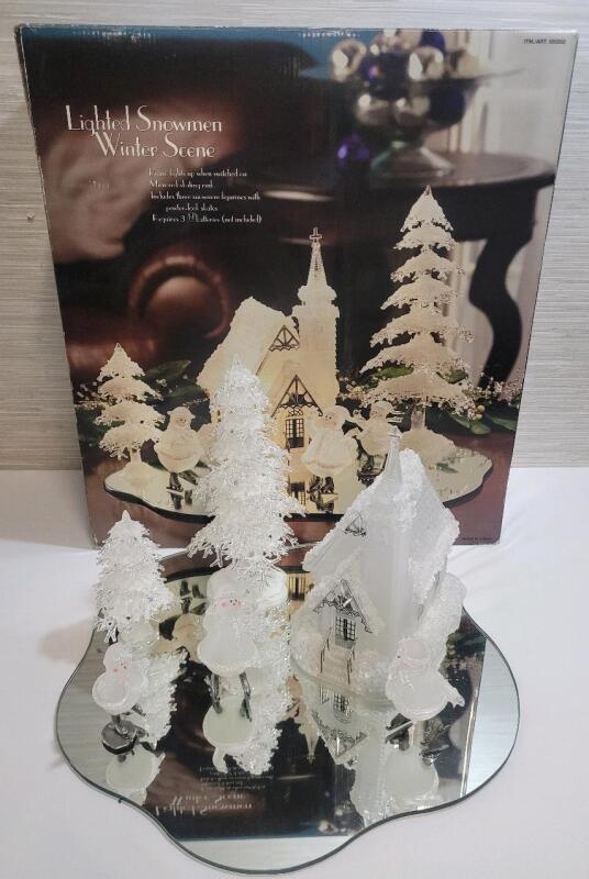 Holiday Lighted Snowmen Winter Scene Table Display . Measures 16" diameter & 7" tall