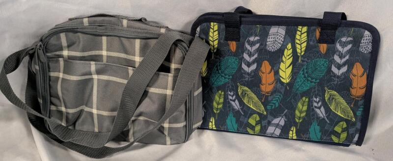 2 As New Thirty One Bags. 1 Striped Crossbody Bag and 1 Get Creative Caddy (Falling Feathers Pattern)