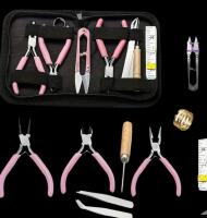 DIY Jewelry Making Tool Kit 9pcs Essential Pink Pliers Set with Multifunctional Tools (3 Pliers, Tweezers, Cone, U-Shape Scissors, Ring Opener, Tape Measure Zippered Case approximately 9.5 x 6 opened
