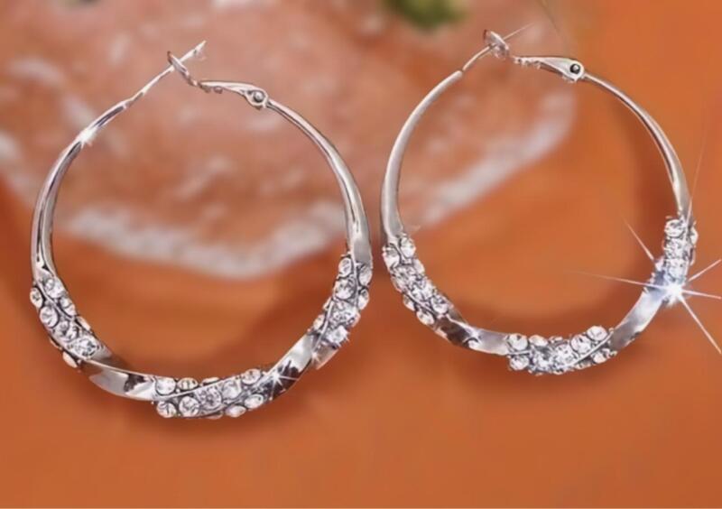 Beautiful Round Twist Hoop Earrings with Set Rhinestones Pierced Slide in Post Back Approximately 1.5 inch