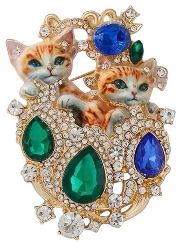 Baroque Brooch Vintage Style Double Orange Cat Design with Rhinestone Embellishments Approx. 3 inch