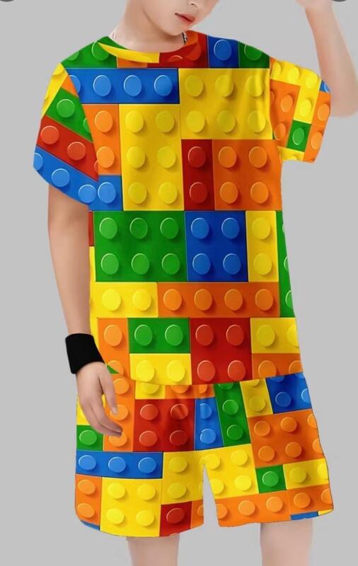 New Size 9 - 10 Y Boys Blocks 3D Printed Casual Pullover Short Sleeve Shorts S/S T Shirt 100% Polyester Stock Photos added
