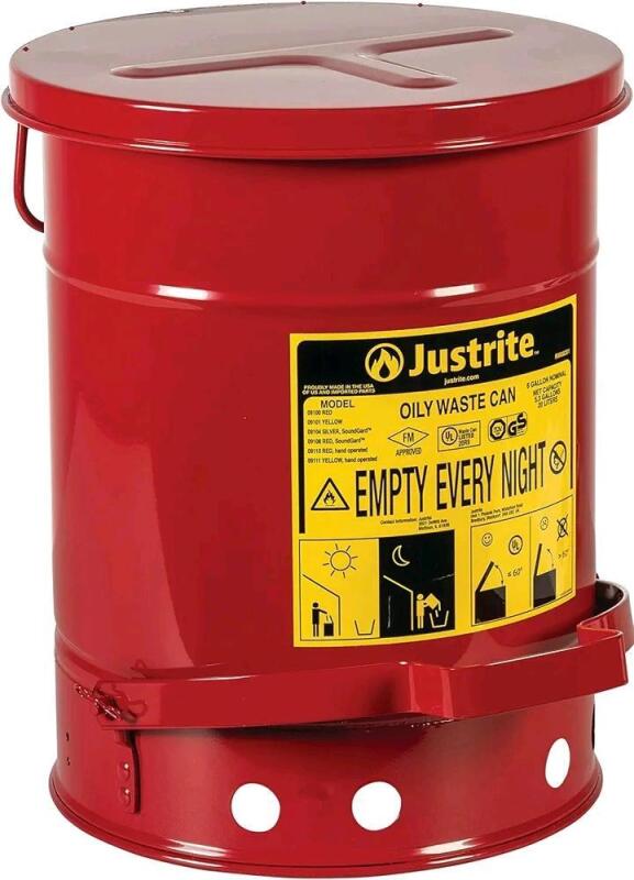New Justrite 09100; Galvanized-Steel Safety can for Oily Waste - Foot Operated Cover, Raised, Ventilated Bottom Capacity: 6 gallons Retails for $185