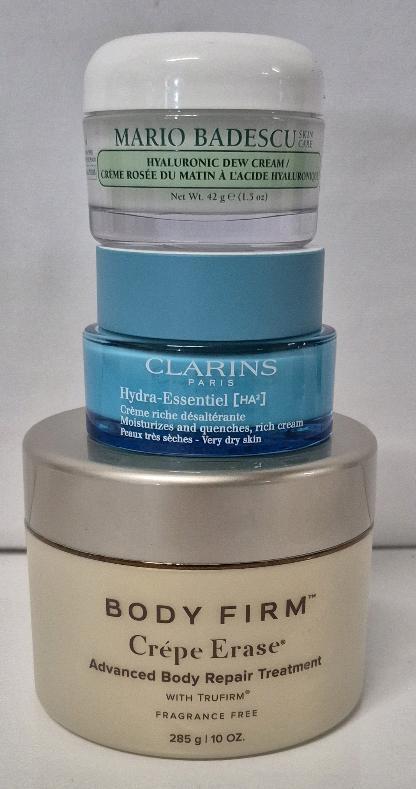 [See Desc] 3 Face & Body Cream: Clarins Paris Rich Face Cream 50mL, Mario Badescu Face Cream 40g and Body Firm Body Repair Cream 285g