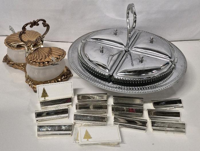 Mid Century Modern Chrome and Glass Serving Relish Footed Tray 11" Diameter and Condiment Server Shell Shape 7" Long with Spoons & 12 Placecard Holders Abbott