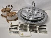 Mid Century Modern Chrome and Glass Serving Relish Footed Tray 11" Diameter and Condiment Server Shell Shape 7" Long with Spoons & 12 Placecard Holders Abbott