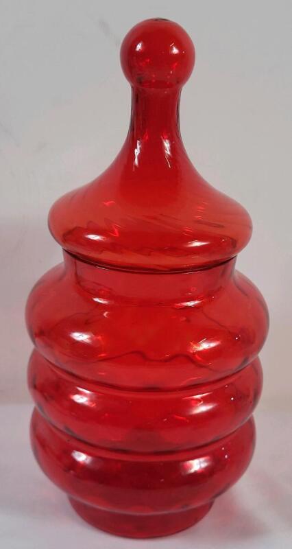 Mid-Century Modern Orange/Red Hooped Glass Circus Tent Apothecary Lidded Jar . Measures 8 &frac34;" tall . No chips or cracks