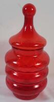 Mid-Century Modern Orange/Red Hooped Glass Circus Tent Apothecary Lidded Jar . Measures 8 &frac34;" tall . No chips or cracks