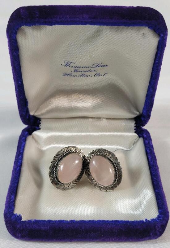 Vintage Sterling Silver Rose Quartz Earring Set . See photos for size . No silver hallmarks present