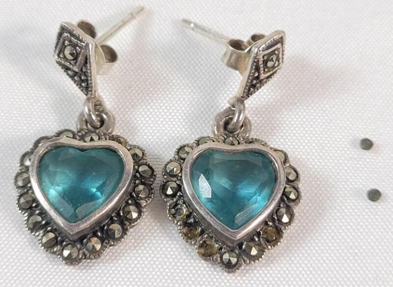 Vintage Sterling Silver Heart Earring Set w/Aquamarine Heart Stone Center . Smaller side stone have come loose . See photos for size