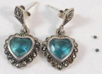 Vintage Sterling Silver Heart Earring Set w/Aquamarine Heart Stone Center . Smaller side stone have come loose . See photos for size