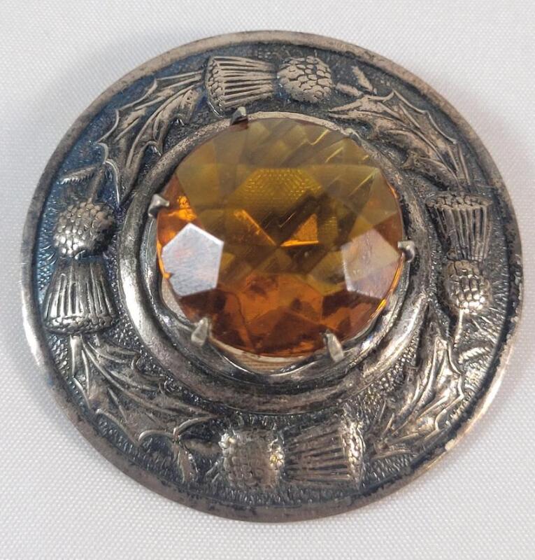 Vintage Scottish Thistle Kilt Pin w/Cairngorm Stone, measures 1 &frac34;" diameter