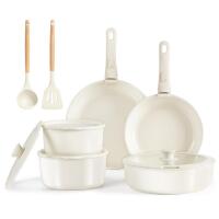 New - CAROTE 13pcs Pots and Pans Set, Ceramic Cookware Set Detachable Handle, Induction Nonstick Kitchen Cookware Sets w/Removable Handle, Non Stick RV Cookware Set, Oven Safe Cookware Set, Cream White . Retail $120