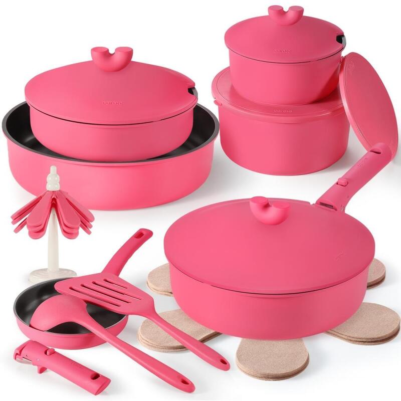 New - CAROTE 22pcs Nonstick Cookware Set Die Cast，Detachable Handle Pots and Pans Set . Only One (1) Handle Included , Pink