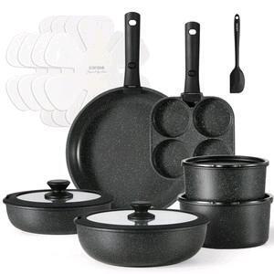 New - Carote 17pcs Ceramic Cookware Set w/Detachable Handles , Black Granite . Box has tears , does not effect product in box