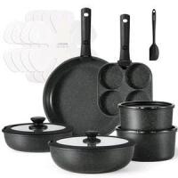 New - Carote 17pcs Ceramic Cookware Set w/Detachable Handles , Black Granite . Box has tears , does not effect product in box