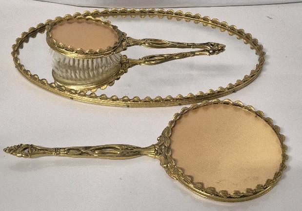 3 Piece Vintage Ladies Dresser Set - Mirrored Tray, Hand Held Mirror & Brush
