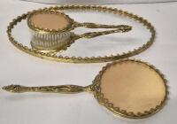 3 Piece Vintage Ladies Dresser Set - Mirrored Tray, Hand Held Mirror & Brush