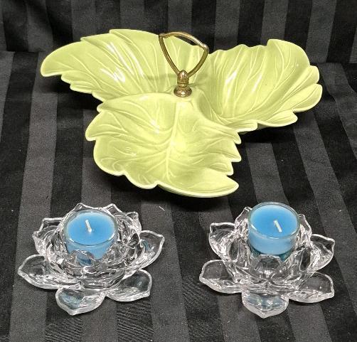 Vintage & Modern Home Decor - USA Ceramic Leaf Serving Dish with 2 Glass Candle Holders & New Candles
