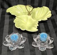 Vintage & Modern Home Decor - USA Ceramic Leaf Serving Dish with 2 Glass Candle Holders & New Candles