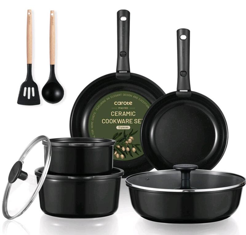 New - Carote 13pcs Ceramic Cookware Set w/Detachable Handles , Black
