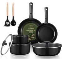 New - Carote 13pcs Ceramic Cookware Set w/Detachable Handles , Black