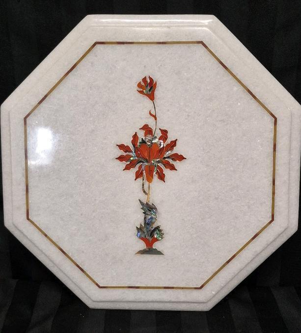 Beautiful Carnelian & Mother of Pearl Stone Inlayed Marble Panel - Decorative Panel 12.5" Diameter