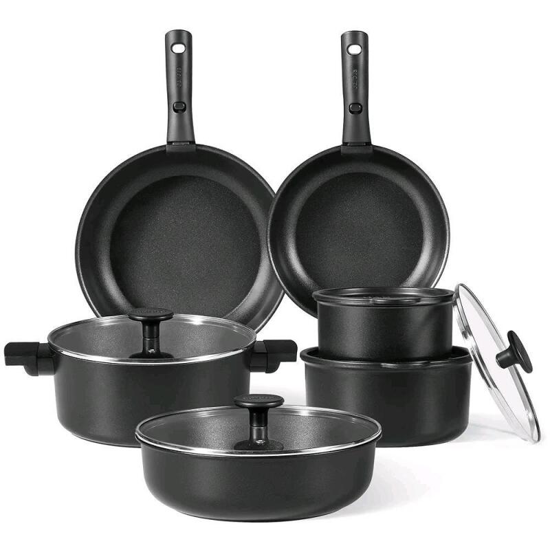 New - CAROTE 12pcs Pots and Pans Set Non Stick, Detachable Handle, Nonstick Induction Cookware Sets, RV Cookware Set, Oven Safe, Black . Missing One (1) Lid