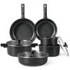 New - CAROTE 12pcs Pots and Pans Set Non Stick, Detachable Handle, Nonstick Induction Cookware Sets, RV Cookware Set, Oven Safe, Black . Missing One (1) Lid