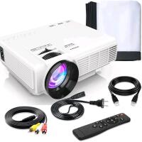 As New - DRJ Mini Projector Outdoor Movie Projector with 80" Projector Screen, Full HD 1080P Projector Supported, Compatible with TV Stick, Video Games, HDMI, USB, TF, VGA, AUX, AV, PS4