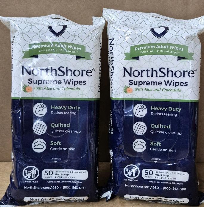 2 New Northshore Supreme Adult Wipes Extra Long With Aloe & Calendula Quilted 50/pack
