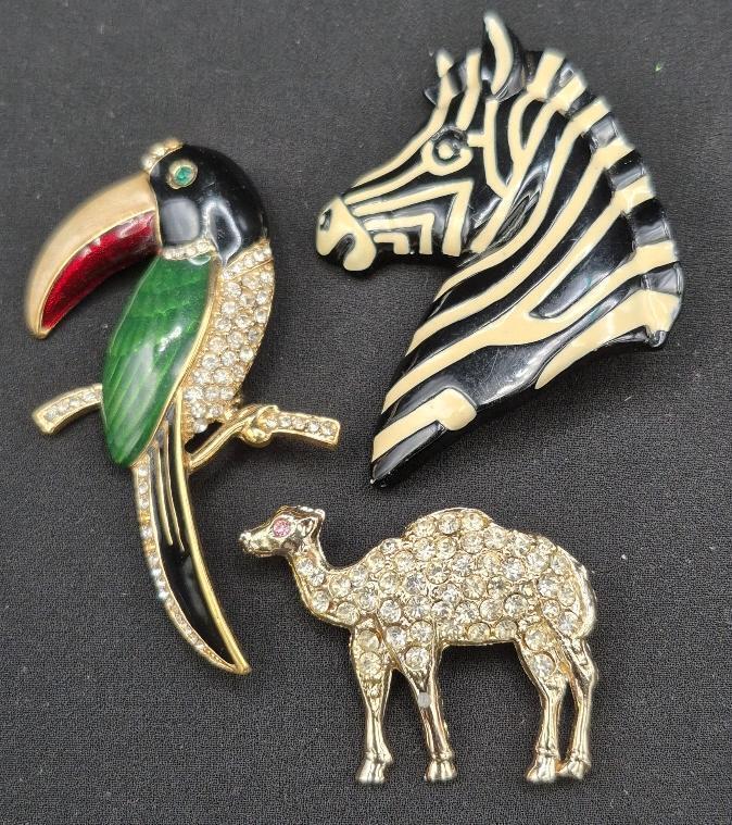 3 Adorable Animal Brooches - Parrot, Zebra & Camel