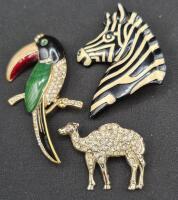 3 Adorable Animal Brooches - Parrot, Zebra & Camel