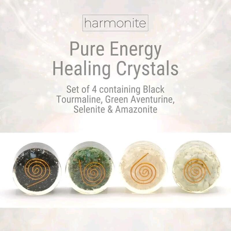 4 New in Box Harmonite<br/>Meditation Crystals and Healing Stones. Black Tourmaline, Green Aventurine, Selenite and Amazonite Handmade in United Kingdom