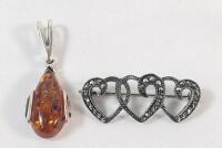 Vintage Sterling Silver w/Stone Pendant & Vintage Mkv Sterling Silver Heart Brooch