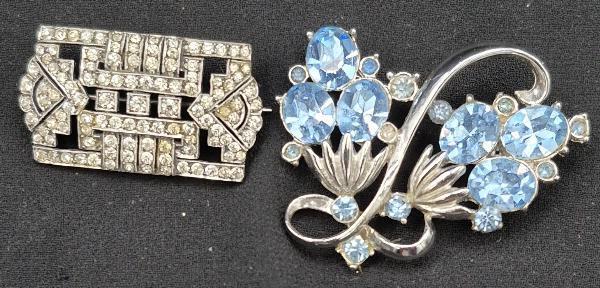 2 Vintage Brooches With Blue & Clear Stones