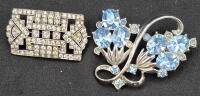2 Vintage Brooches With Blue & Clear Stones