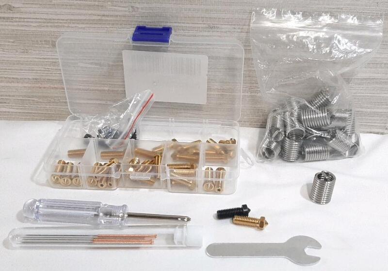Lot of Various Maintenance Pieces, Including 20 Stainless Steel Thread Inserts, 35 Brass Nozzles, 5 3D Printer Nozzles, 6 Needles, Screwdriver & Flat Wrench