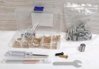 Lot of Various Maintenance Pieces, Including 20 Stainless Steel Thread Inserts, 35 Brass Nozzles, 5 3D Printer Nozzles, 6 Needles, Screwdriver & Flat Wrench