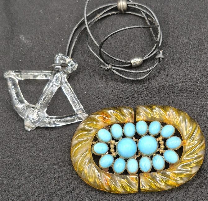Vintage Belt Buckle & Glass Pendant 2.25" wide and 2.75" long