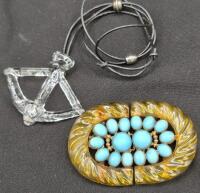 Vintage Belt Buckle & Glass Pendant 2.25" wide and 2.75" long