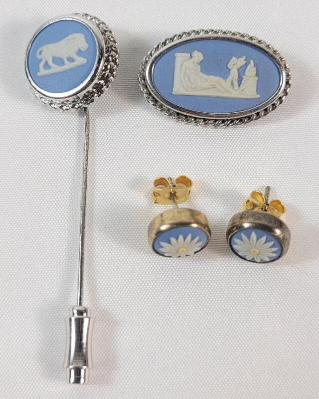 Vintage Wedgewood Brooch , Pin & Earring Set . Pin has Rainbow Sterling & Earring Set w/Birmingham Gold Hallmark
