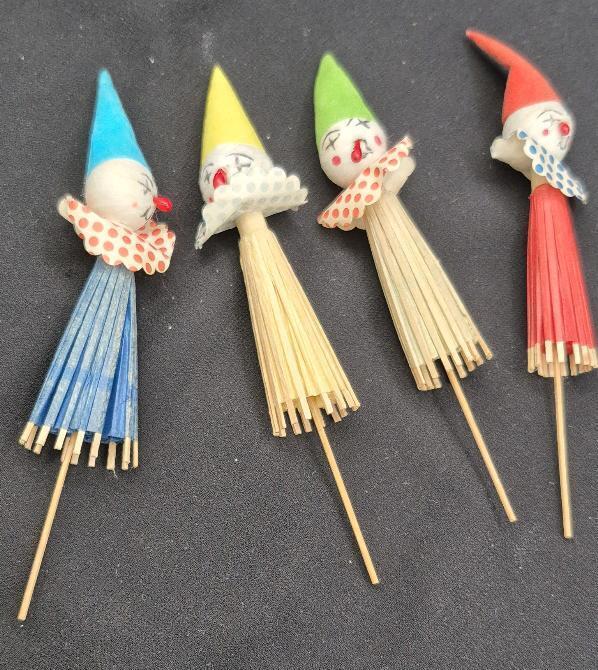 4 Rare Cotton Spun Clown Drink or Cake Toppers 5.5" Long