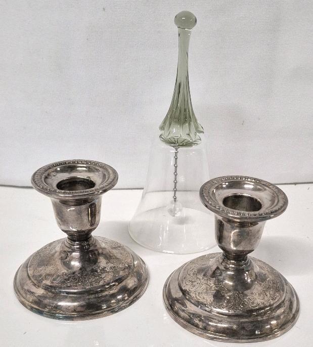 Vintage BIRKS Candle Holders Regency Plate 3" Tall & Glass Smoked Handle Bell 6 25" Tall