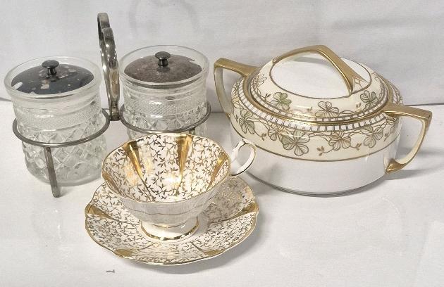 Vintage Kitchen Dishes - Nippon Cover Dish, Queen Anne Teacup & Saucer & Condiment Holder