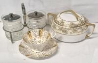 Vintage Kitchen Dishes - Nippon Cover Dish, Queen Anne Teacup & Saucer & Condiment Holder