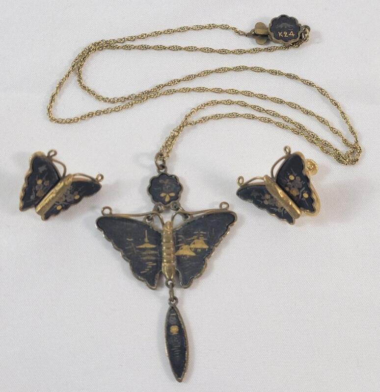 Vintage Japanese K24 Damascene Butterfly Necklace & Amita Janpan Screw Back Earring Set